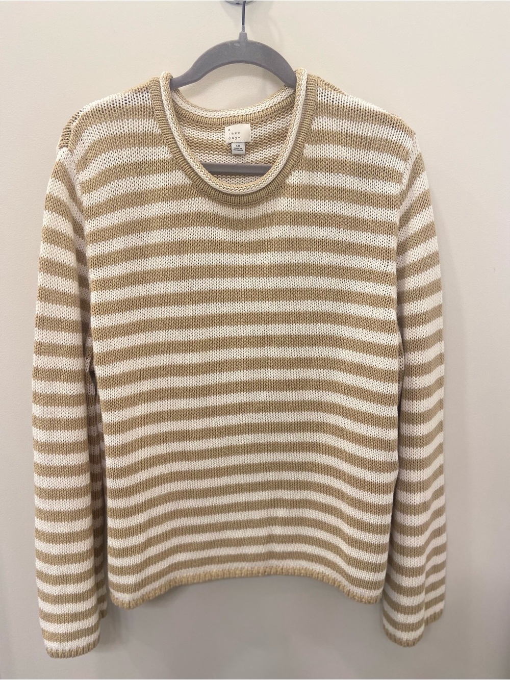 Striped Crewneck Sweater in Cream and Tan